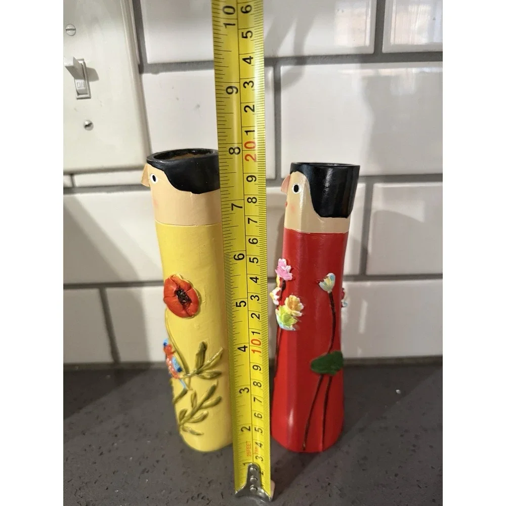 Boho Bud Vases Lot Of 2 Painted Resin Red Yellow Flower Floral